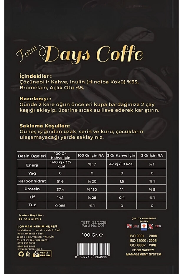 Nursima Form Days Coffee Hindibalı 100 Gr Koli 24 Adet